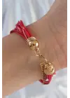 Kırmızı Renk Zirkon Taşlı İpli Çoklu Bileklik