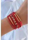Kırmızı Renk Zirkon Taşlı Metal Aksesuarlı İpli Çoklu Bileklik