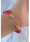 Kırmızı Renk Zirkon Taşlı Metal Aksesuarlı İpli Çoklu Bileklik