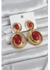 Kırmızı Sallantılı Damla Model Gold Renk Vintage Kadın Küpe
