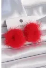 Kırmızı Tüylü Ponpon Model Çelik Küpe
