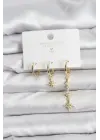 Kutup Yıldızı Model Gold Renk Pirinç 3lü Kadın Küpe Seti