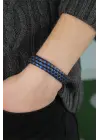 Lacivert Damalı Deri Erkek Bileklik