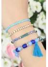 Mavi Boncuklu ve Püsküllü Bayan Çoklu Bileklik