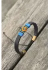 Mavi İpli Etnik Desenli Kadın Deri Bileklik
