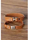 Metal Aksesuarlı Kahverengi Deri Erkek Bileklik Kombin