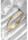 Mineli Pirinç Bej Çiçek Desenli Gold Renk Kadın Kelepçe (çap 60 mm)