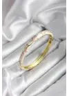 Mineli Pirinç Bej Çiçek Desenli Zirkon Taşlı Gold Renk Kadın Kelepçe (çap 60 mm)
