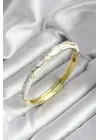 Mineli Pirinç Beyaz Çiçek Desenli Zirkon Taşlı Gold Renk Kadın Kelepçe