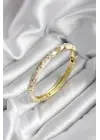 Mineli Pirinç Çiçek Desenli Zirkon Taşlı Gold Renk Kadın Kelepçe (çap 60 mm)