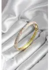 Mineli Pirinç Çiçek Desenli Zirkon Taşlı Gold Renk Kadın Kelepçe (çap 60 mm)
