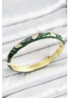 Mineli Çelik Gold Renk Yeşil Çiçek Motifli Kadın Kelepçe