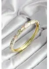 Mineli Pirinç Kırık Beyaz Çiçek Desenli Zirkon Taşlı Gold Renk Kadın Kelepçe