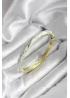 Mineli Pirinç Kırık Beyaz Çiçek Desenli Zirkon Taşlı Gold Renk Kadın Kelepçe (çap 60 mm)