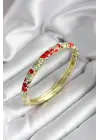 Mineli Pirinç Kırmızı Çiçek Desenli Gold Renk Kadın Kelepçe