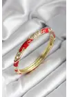 Mineli Pirinç Kırmızı Çiçek Desenli Zirkon Taşlı Gold Renk Kadın Kelepçe