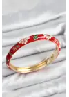 Mineli Pirinç Kırmızı Çiçek Motifli Gold Kadın Kelepçe