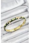 Mineli Çelik Krem Ve Yeşil Çiçek Motifli Gold Renk Kadın Kelepçe