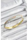 Mineli Çelik Mavi Ve Pembe Çiçek Motifli Gold Renk Kadın Kelepçe