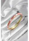 Mineli Pirinç Pembe Çiçek Desenli Gold Renk Kadın Kelepçe (çap 60 mm)
