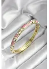 Mineli Pirinç Pembe Çiçek Desenli Zirkon Taşlı Gold Renk Kadın Kelepçe