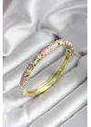 Mineli Pirinç Pembe Çiçek Desenli Zirkon Taşlı Gold Renk Kadın Kelepçe