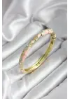 Mineli Pirinç Pembe Çiçek Desenli Zirkon Taşlı Gold Renk Kadın Kelepçe