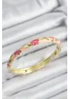 Mineli Çelik Pembe Çiçek Motifli Gold Renk Kadın Kelepçe