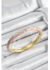Mineli Çelik Pembe Çiçek Motifli Gold Renk Kadın Kelepçe