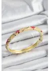 Mineli Çelik Pembe Ve Krem Çiçek Motifli Gold Renk Kadın Kelepçe