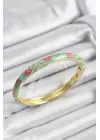 Mineli Çelik Pembe Ve Yeşil Çiçek Motifli Gold Renk Kadın Kelepçe