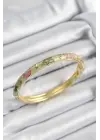 Mineli Çelik Pembe Ve Yeşil Çiçek Motifli Gold Renk Kadın Kelepçe
