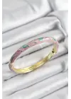 Mineli Çelik Pembe Ve Yeşil Yaprak Motifli Gold Renk Kadın Kelepçe