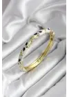 Mineli Pirinç Siyah Çiçek Desenli Zirkon Taşlı Gold Renk Kadın Kelepçe (çap 60 mm)