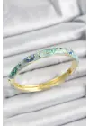Mineli Çelik Turkuaz Ve Mavi Çiçek Motifli Gold Renk Kadın Kelepçe