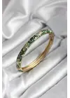 Mineli Pirinç Yeşil Çiçek Desenli Gold Renk Kadın Kelepçe (çap 60 mm)