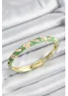 Mineli Çelik Yeşil Ve Krem Çiçek Motifli Gold Renk Kadın Kelepçe