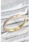 Mineli Çelik Zirkon Taşlı Pembe Çiçek Motifli Gold Kadın Kelepçe