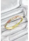 Mineli Pirinç Zirkon Taşlı Pembe Çiçek Motifli Gold Renk Kadın Kelepçe