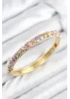 Mineli Pirinç Zirkon Taşlı Pembe Mor Çiçek Motifli Gold Kadın Kelepçe