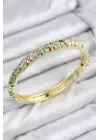 Mineli Pirinç Zirkon Taşlı Turkuaz Çiçek Motifli Gold Kadın Kelepçe
