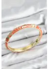 Mineli Çelik Zirkon Taşlı Turuncu Çiçek Motifli Gold Kadın Kelepçe