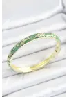 Mineli Pirinç Zirkon Taşlı Yeşil Çiçek Desenli Gold Renk Kadın Kelepçe