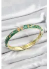 Mineli Çelik Zirkon Taşlı Yeşil Çiçek Motifli Gold Kadın Kelepçe