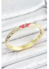 Mineli Pirinç Zirkon Taşlı Yeşil Pembe Çiçek Desenli Gold Renk Kadın Kelepçe