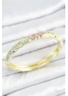Mineli Pirinç Zirkon Taşlı Yeşil Pembe Çiçek Desenli Gold Renk Kadın Kelepçe