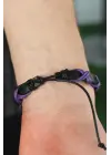 Mor Çapraz İpli Siyah Renk Deri Erkek Bileklik