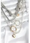 Saat Figürlü Otantik Gümüş Renk Kadın Çoklu Kolye Kombini
