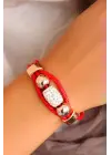 Parlak Taşlı Aksesuarlı Kırmızı Deri Bayan Bileklik