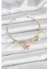 Pembe Kelebek Charmlı Gold Renk Kadın Bileklik
